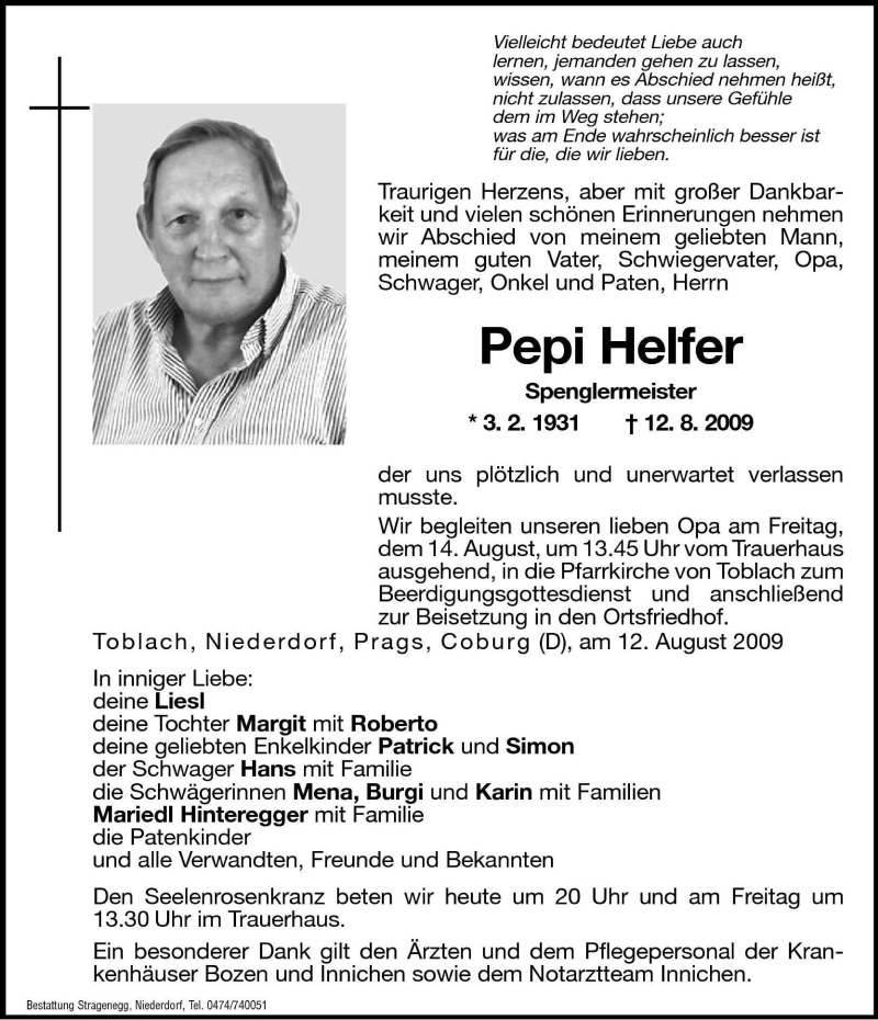  Traueranzeige für Pepi Helfer vom 13.08.2009 aus Dolomiten