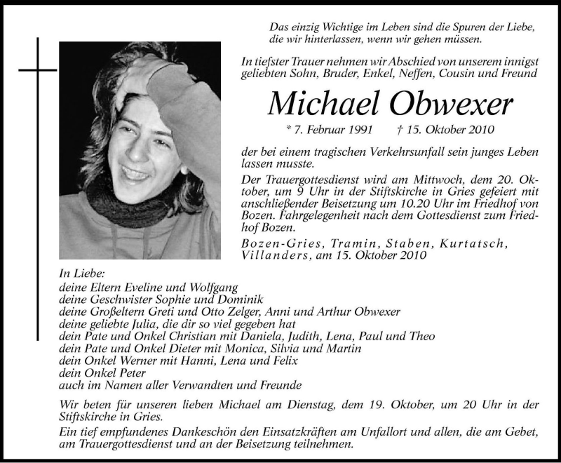  Traueranzeige für Michael Obwexer vom 19.10.2010 aus Dolomiten