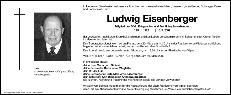  Traueranzeige für Ludwig Eisenberger vom 18.03.2009 aus Dolomiten