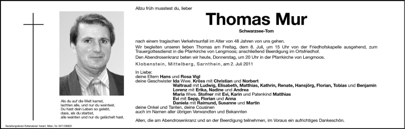  Traueranzeige für Thomas Mur vom 07.07.2011 aus Dolomiten
