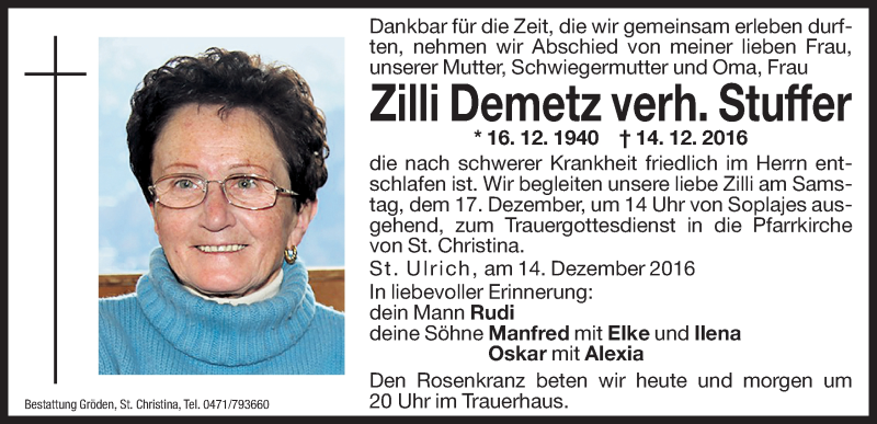  Traueranzeige für Zilli Stuffer vom 15.12.2016 aus Dolomiten