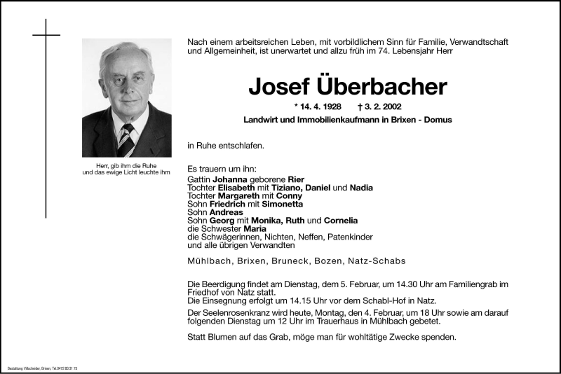  Traueranzeige für Josef Überbacher vom 04.02.2002 aus Dolomiten