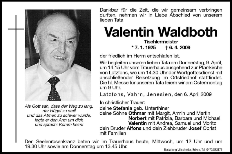  Traueranzeige für Valentin Waldboth vom 08.04.2009 aus Dolomiten
