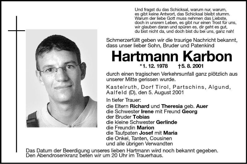  Traueranzeige für Hartmann Karbon vom 06.08.2001 aus Dolomiten
