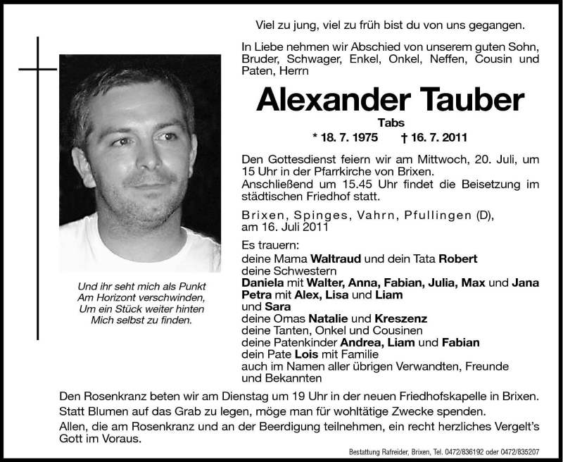  Traueranzeige für Alexander Tauber vom 19.07.2011 aus Dolomiten