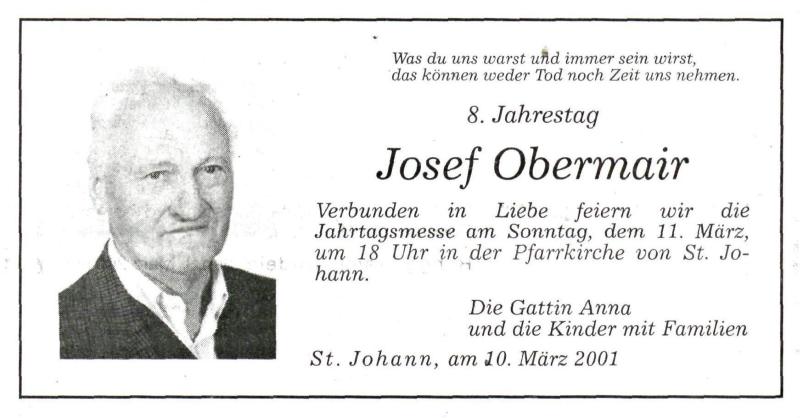  Traueranzeige für Josef Obermair vom 10.03.2001 aus Dolomiten