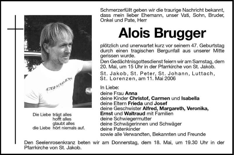  Traueranzeige für Alois Brugger vom 16.05.2006 aus Dolomiten