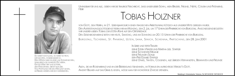  Traueranzeige für Tobias Holzner vom 30.06.2001 aus Dolomiten