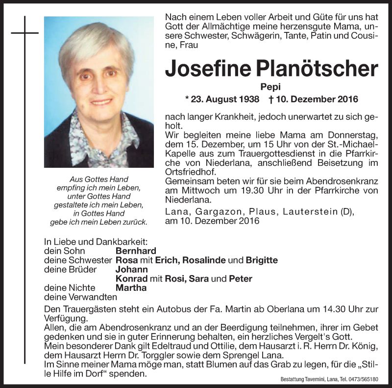  Traueranzeige für Josefine Planötscher vom 13.12.2016 aus Dolomiten