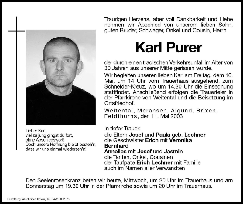  Traueranzeige für Karl Purer vom 14.05.2003 aus Dolomiten