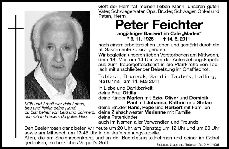  Traueranzeige für Peter Feichter vom 16.05.2011 aus Dolomiten
