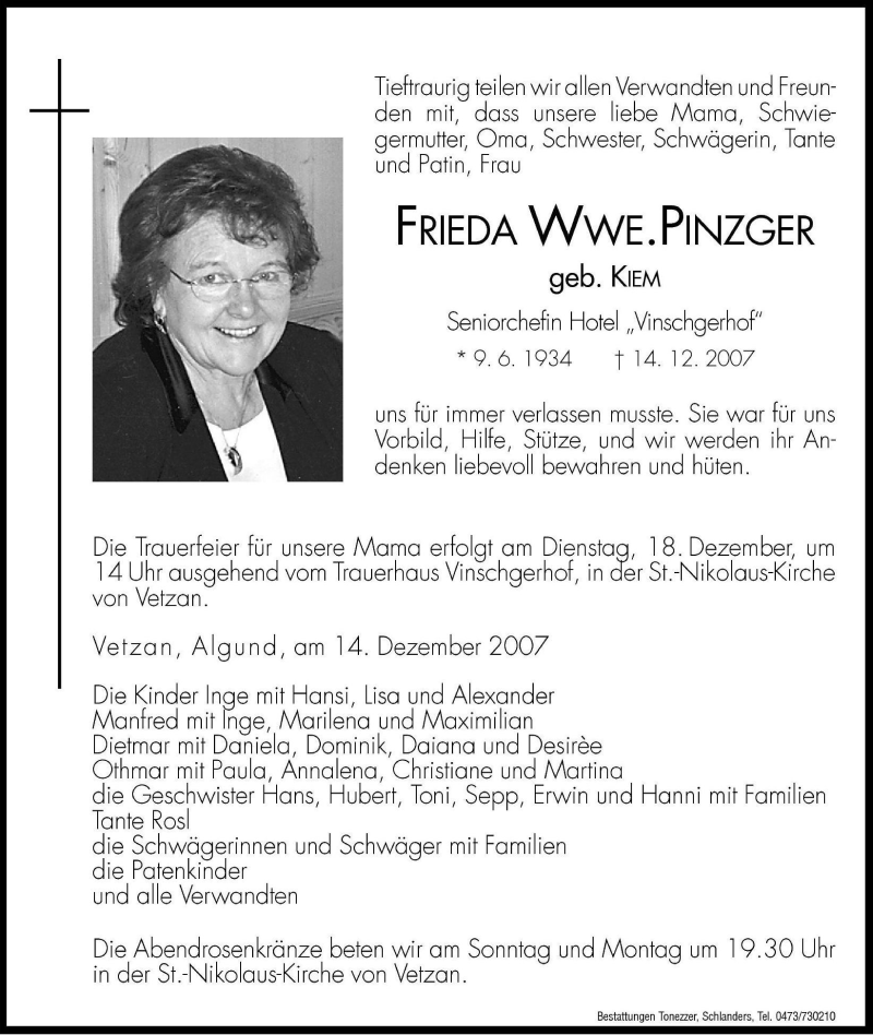  Traueranzeige für Frieda Pinzger vom 15.12.2007 aus Dolomiten