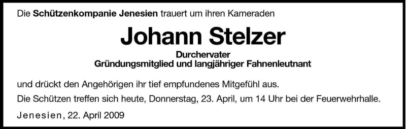  Traueranzeige für Johann Stelzer vom 23.04.2009 aus Dolomiten