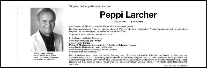  Traueranzeige für Peppi Larcher vom 17.05.2008 aus Dolomiten