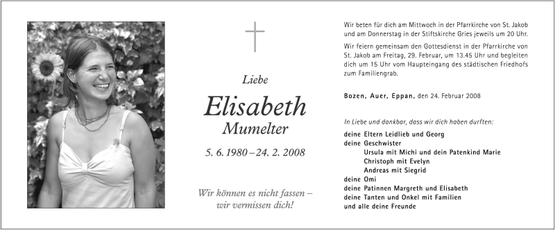  Traueranzeige für Elisabeth Mumelter vom 27.02.2008 aus Dolomiten