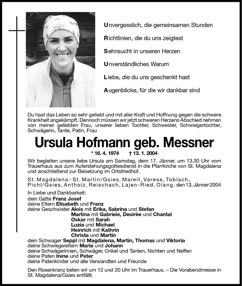  Traueranzeige für Ursula Hofmann vom 15.01.2004 aus Dolomiten