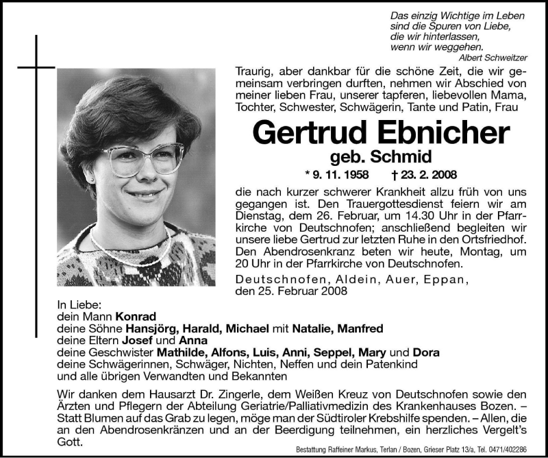  Traueranzeige für Gertrud Ebnicher vom 25.02.2008 aus Dolomiten