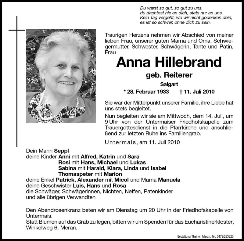  Traueranzeige für Anna Hillebrand vom 13.07.2010 aus Dolomiten