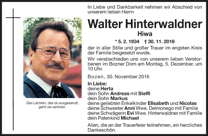  Traueranzeige für Walter Hinterwaldner vom 03.12.2016 aus Dolomiten