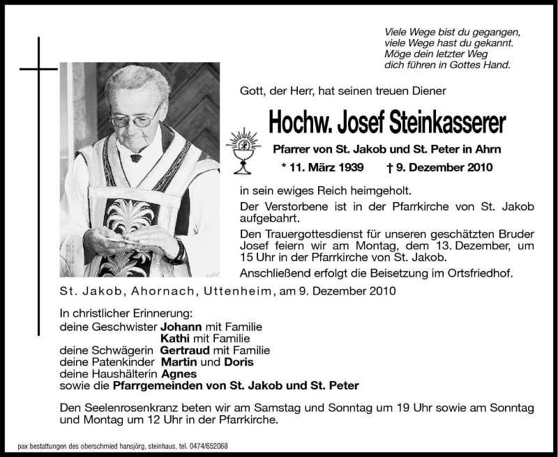  Traueranzeige für Josef Steinkasserer vom 11.12.2010 aus Dolomiten