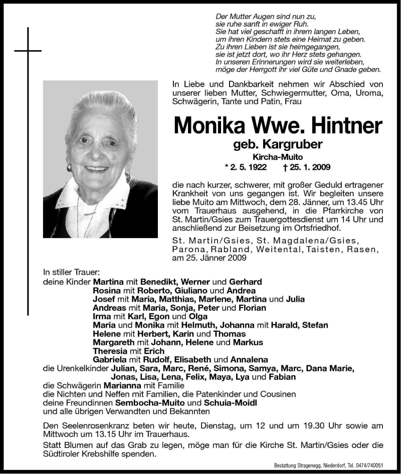  Traueranzeige für Monika Hintner vom 27.01.2009 aus Dolomiten