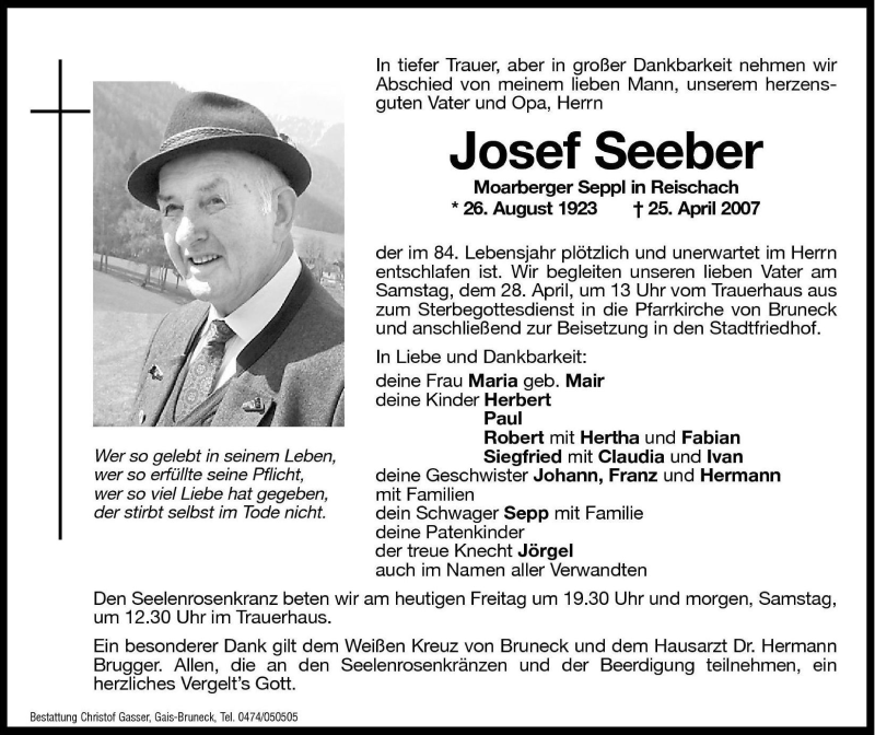  Traueranzeige für Josef Seeber vom 27.04.2007 aus Dolomiten