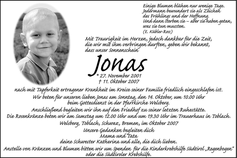  Traueranzeige für Jonas Oberhofer vom 13.10.2007 aus Dolomiten
