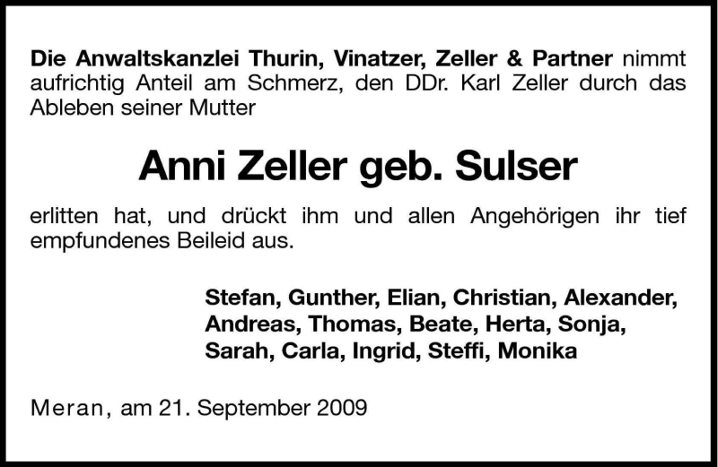  Traueranzeige für Anni Zeller vom 22.09.2009 aus Dolomiten