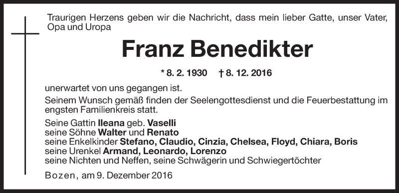  Traueranzeige für Franz Benedikter vom 10.12.2016 aus Dolomiten