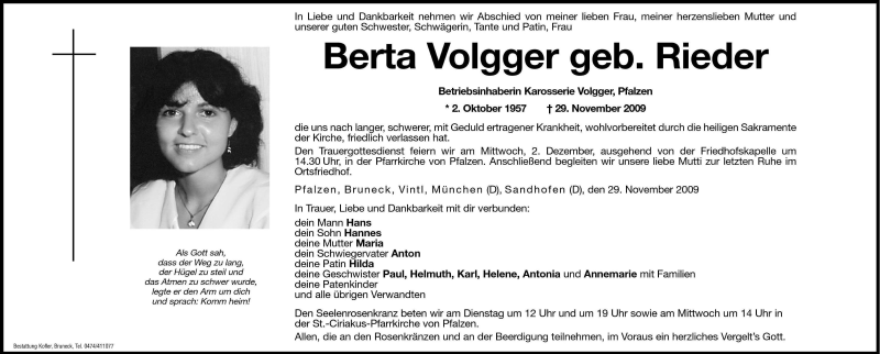  Traueranzeige für Berta Volgger vom 01.12.2009 aus Dolomiten