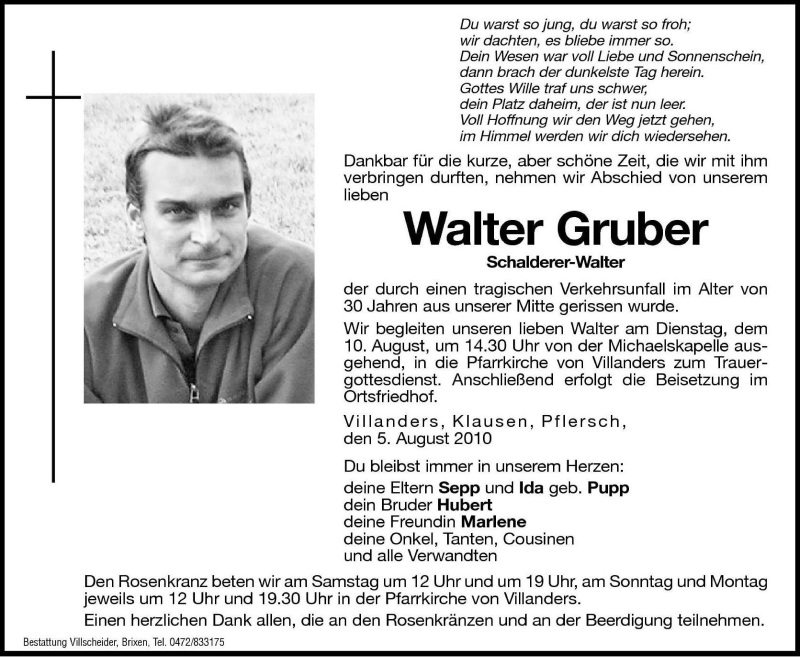  Traueranzeige für Walter Gruber vom 07.08.2010 aus Dolomiten