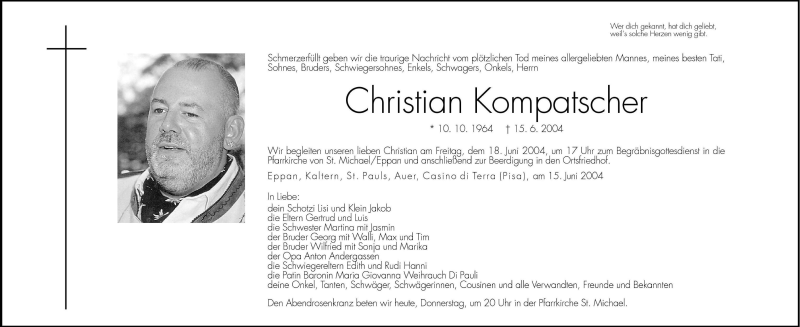  Traueranzeige für Christian Kompatscher vom 17.06.2004 aus Dolomiten
