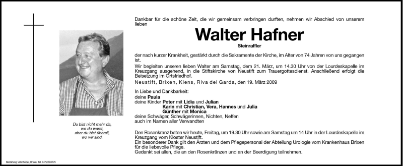  Traueranzeige für Walter Hafner vom 20.03.2009 aus Dolomiten