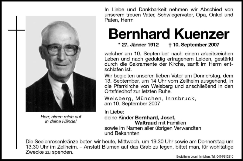  Traueranzeige für Bernhard Kuenzer vom 12.09.2007 aus Dolomiten