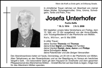 Traueranzeige von Josefa Unterhofer von Dolomiten