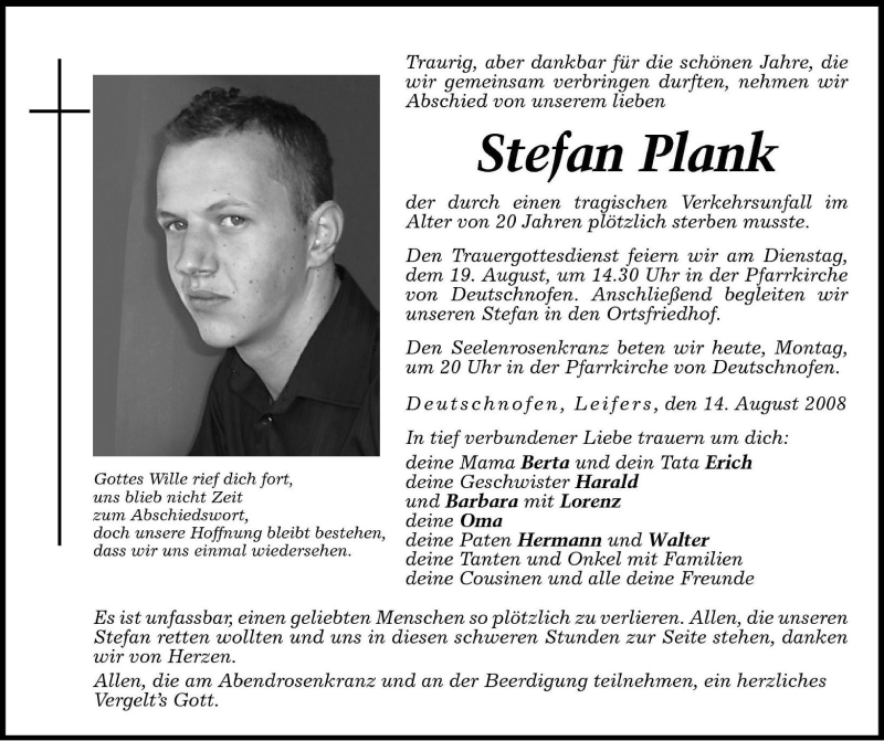  Traueranzeige für Stefan Plank vom 18.08.2008 aus Dolomiten
