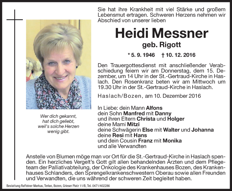  Traueranzeige für Heidi Messner vom 13.12.2016 aus Dolomiten