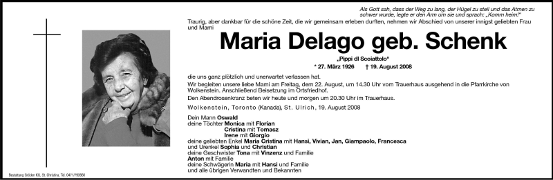  Traueranzeige für Maria Delago vom 20.08.2008 aus Dolomiten