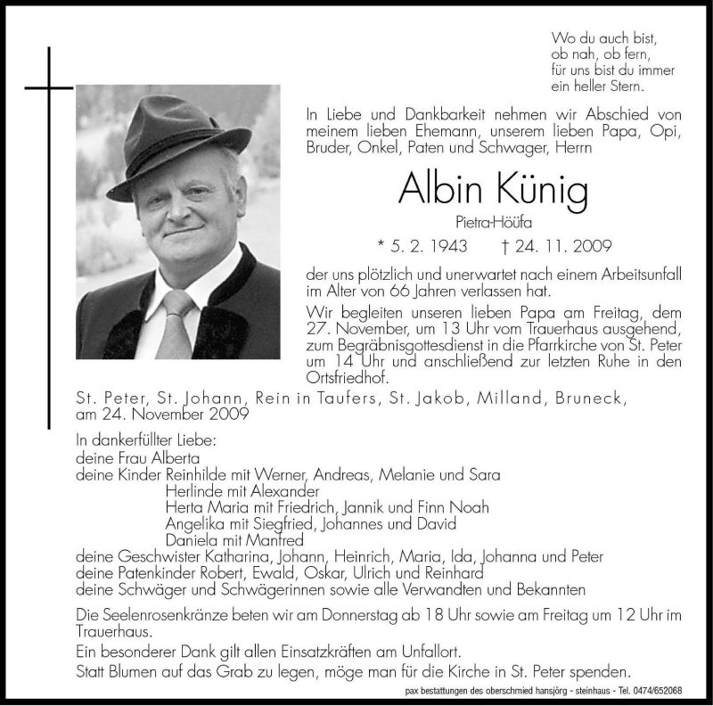  Traueranzeige für Albin Künig vom 26.11.2009 aus Dolomiten