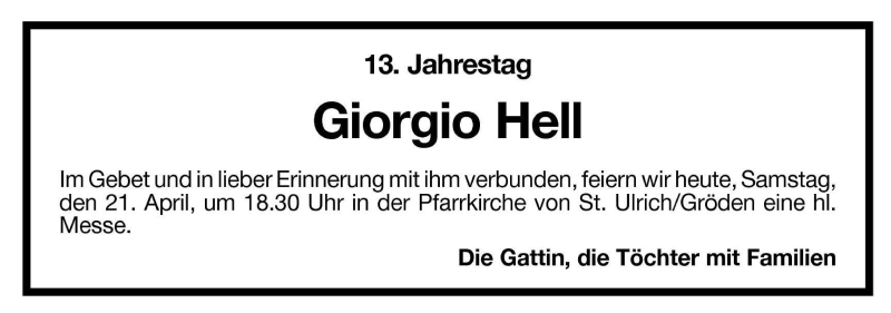  Traueranzeige für Giorgio Hell vom 21.04.2001 aus Dolomiten
