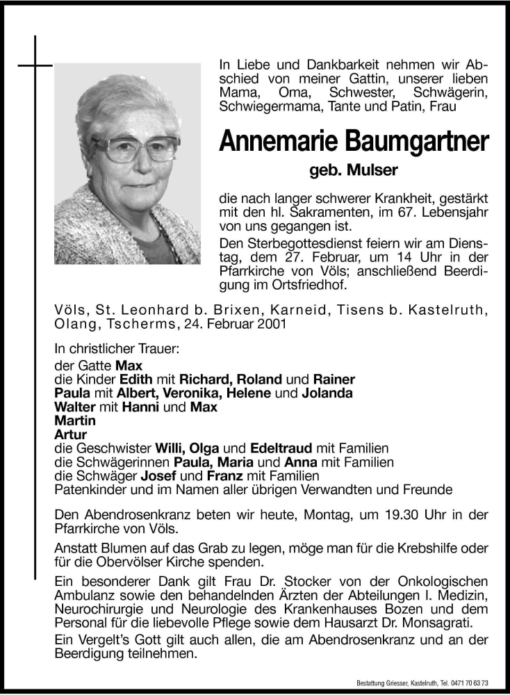  Traueranzeige für Annemarie Baumgartner vom 26.02.2001 aus Dolomiten