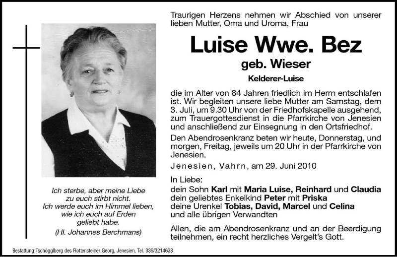  Traueranzeige für Luise Bez vom 01.07.2010 aus Dolomiten