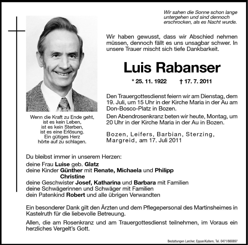  Traueranzeige für Luis Rabanser vom 18.07.2011 aus Dolomiten