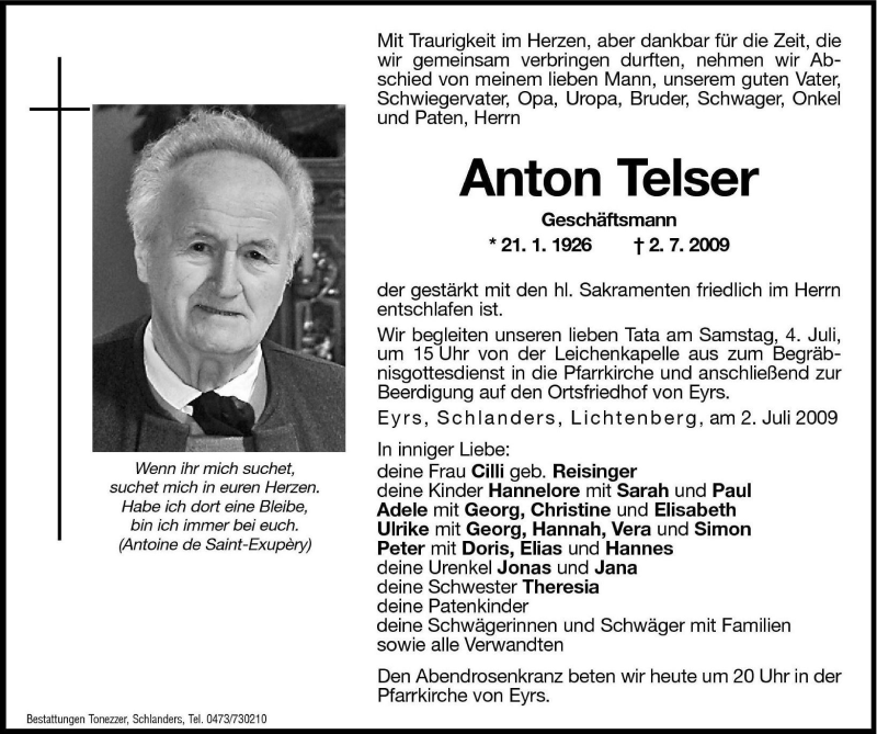  Traueranzeige für Anton Telser vom 03.07.2009 aus Dolomiten