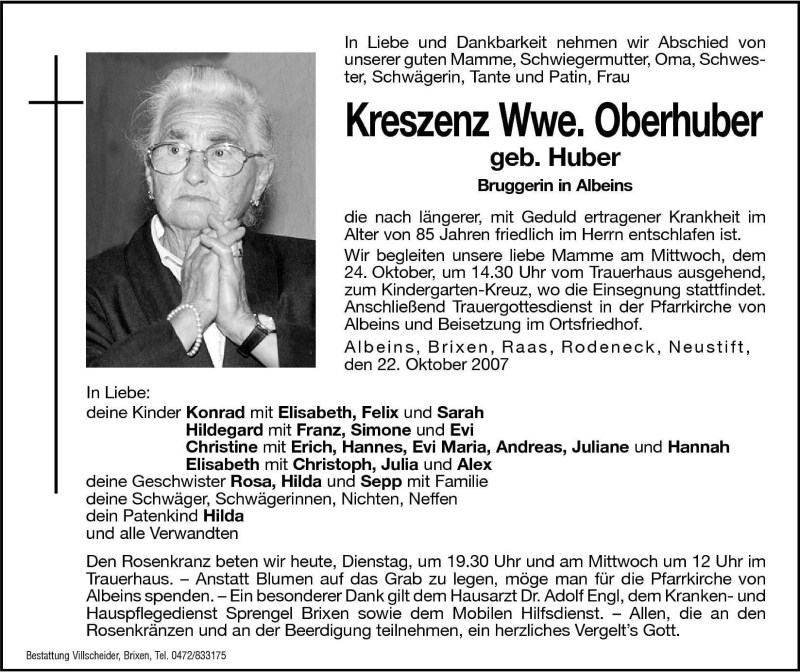  Traueranzeige für Kreszenz Oberhuber vom 23.10.2007 aus Dolomiten