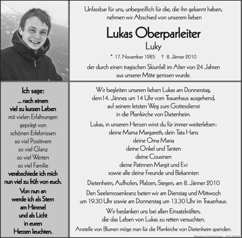  Traueranzeige für Lukas Oberparleiter vom 12.01.2010 aus Dolomiten