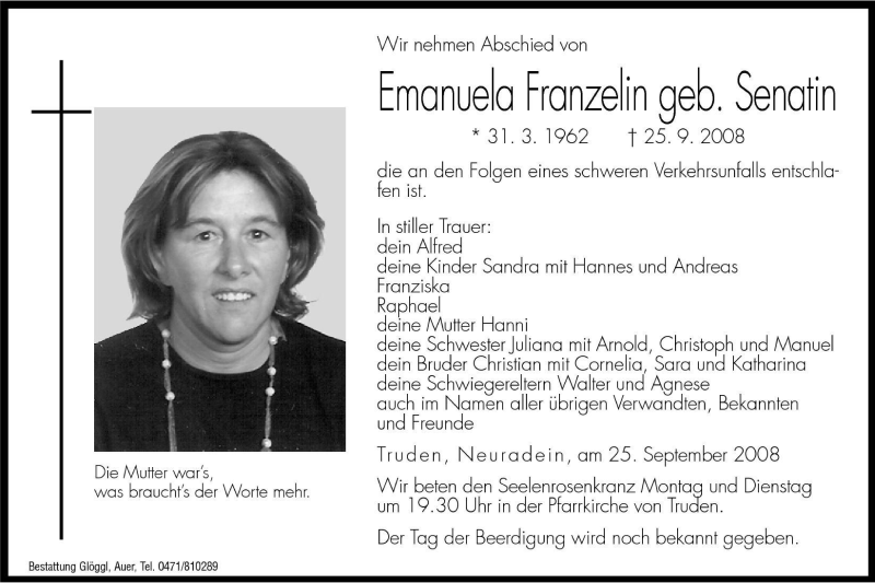 Traueranzeige für Emanuela Franzelin vom 26.09.2008 aus Dolomiten