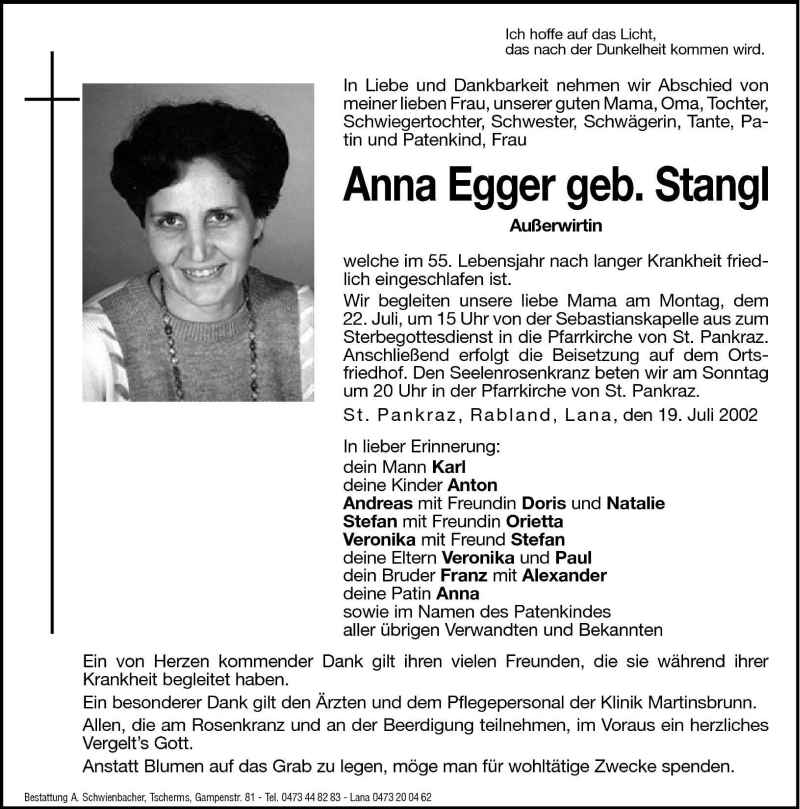  Traueranzeige für Anna Egger vom 20.07.2002 aus Dolomiten
