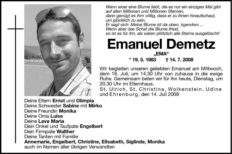  Traueranzeige für Emanuel Demetz vom 15.07.2008 aus Dolomiten