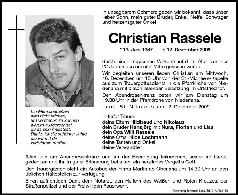  Traueranzeige für Christian Rassele vom 15.12.2009 aus Dolomiten